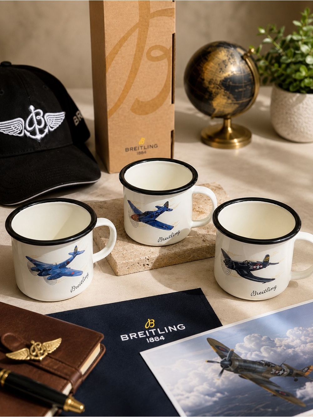 Breitling Watch Aviation Enamel Mug Set of 3 Collector Series New in Box Pilot